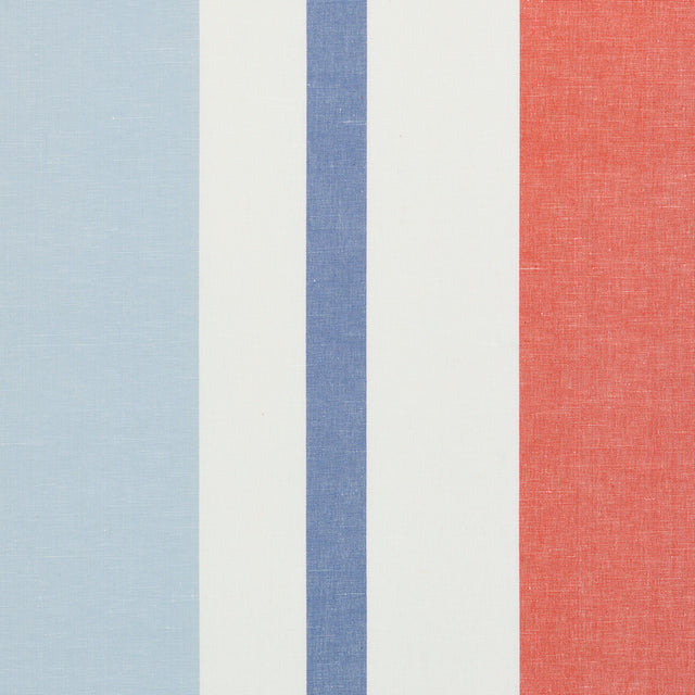 Schumacher Lolland Linen Stripe Sky & Coral Fabric - Eade's Wallpaper