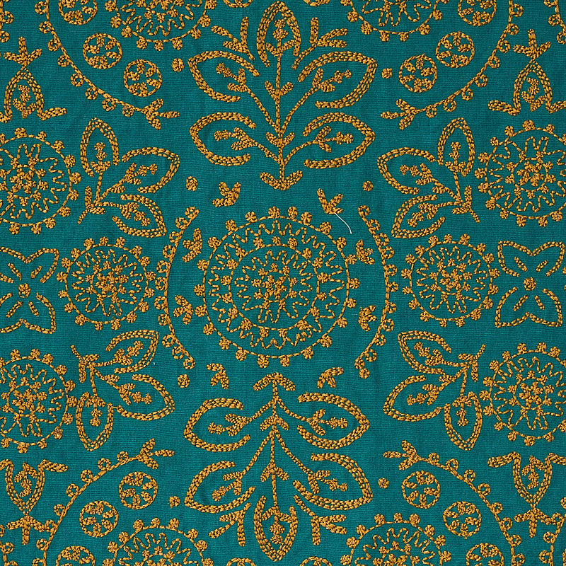 Schumacher Tiana Embroidery Peacock Fabric - Eade's Wallpaper