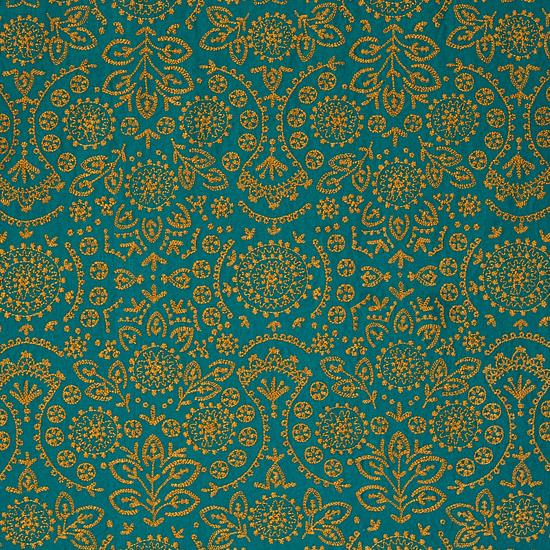 Schumacher Tiana Embroidery Peacock Fabric - Eade's Wallpaper