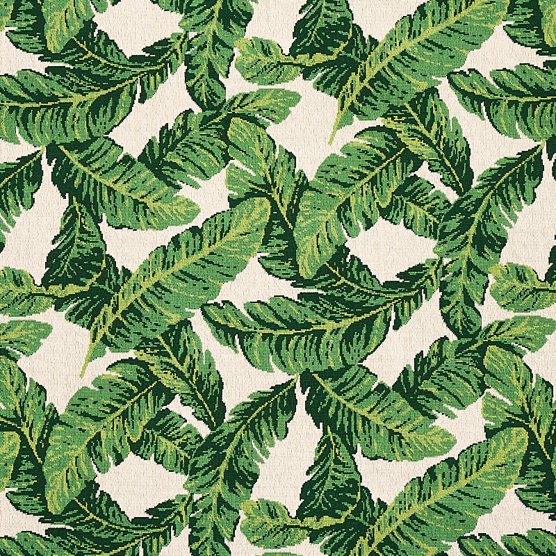 Schumacher Tropical Leaf Épinglé Green & Ivory Fabric - Eade's Wallpaper