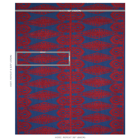 Schumacher Seema Embroidery Blue & Red Fabric - Eade's Wallpaper