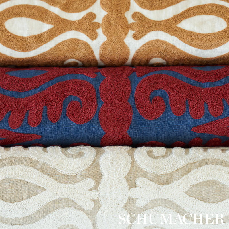 Schumacher Seema Embroidery Ivory On Natural Fabric - Eade's Wallpaper