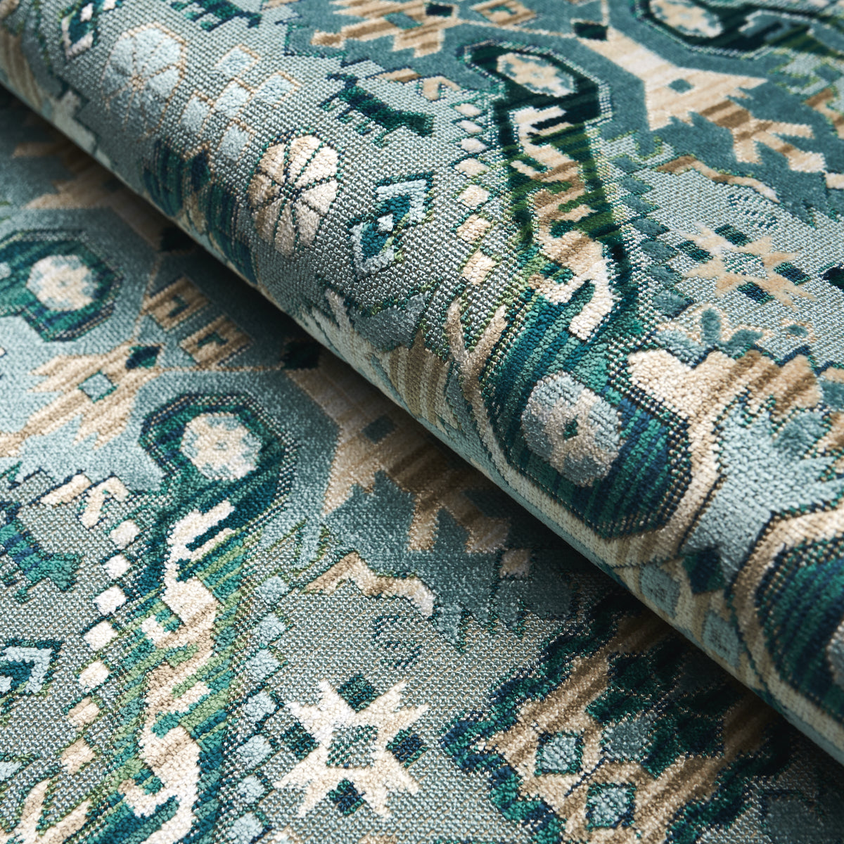 Schumacher Tiraz Velvet Peacock Fabric - Eade's Wallpaper