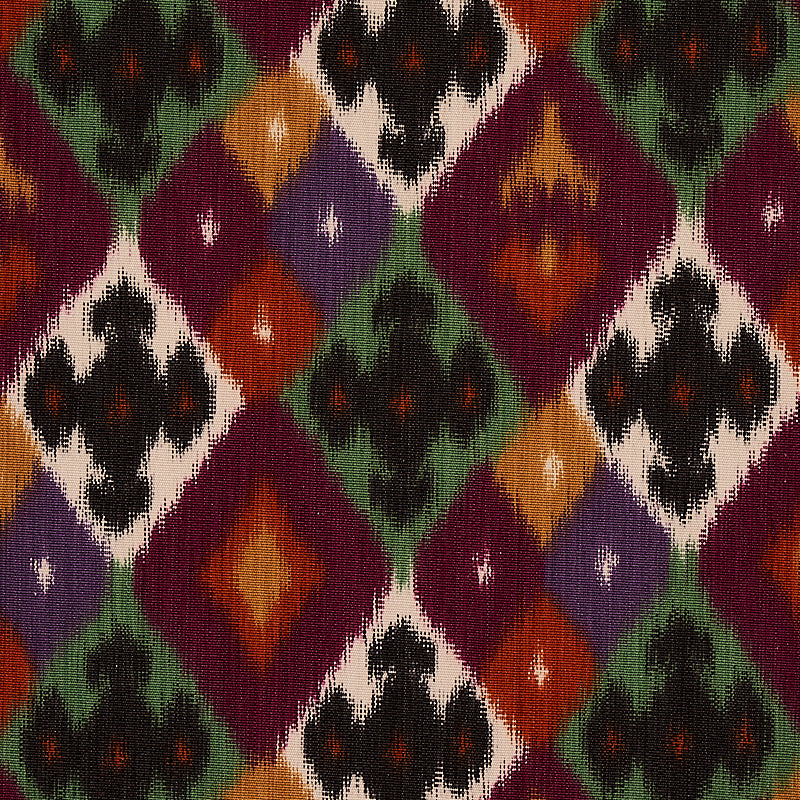 Schumacher Sasha Diamond Ikat Jade And Plum Fabric - Eade's Wallpaper