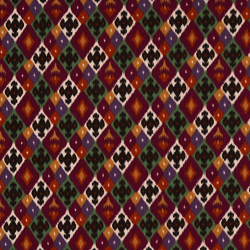Schumacher Sasha Diamond Ikat Jade And Plum Fabric - Eade's Wallpaper