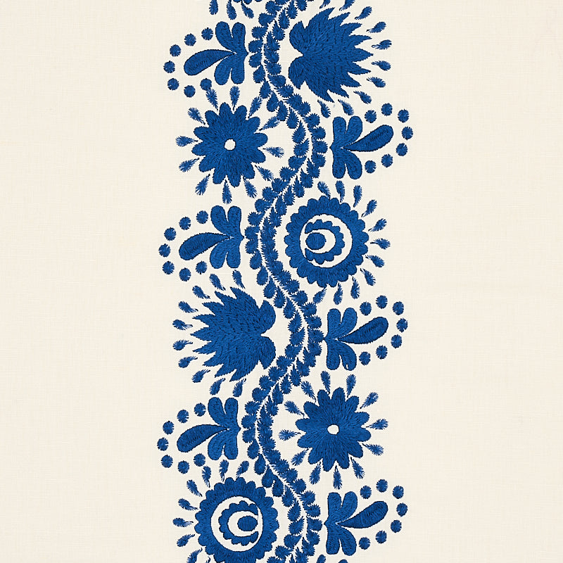 Schumacher Theodora Embroidery Blue Fabric - Eade's Wallpaper
