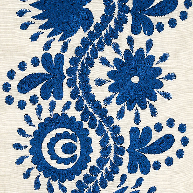 Schumacher Theodora Embroidery Blue Fabric - Eade's Wallpaper