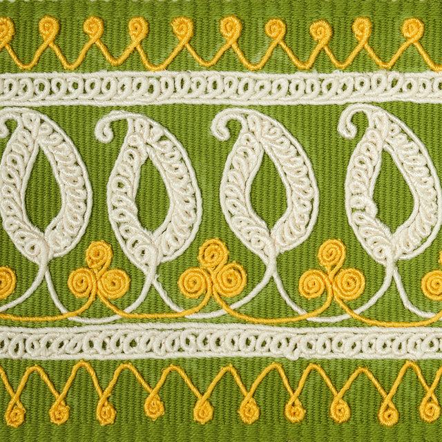 Schumacher 81232 PAISLEY EMBROIDERED TAPE in GREEN & YELLOW 