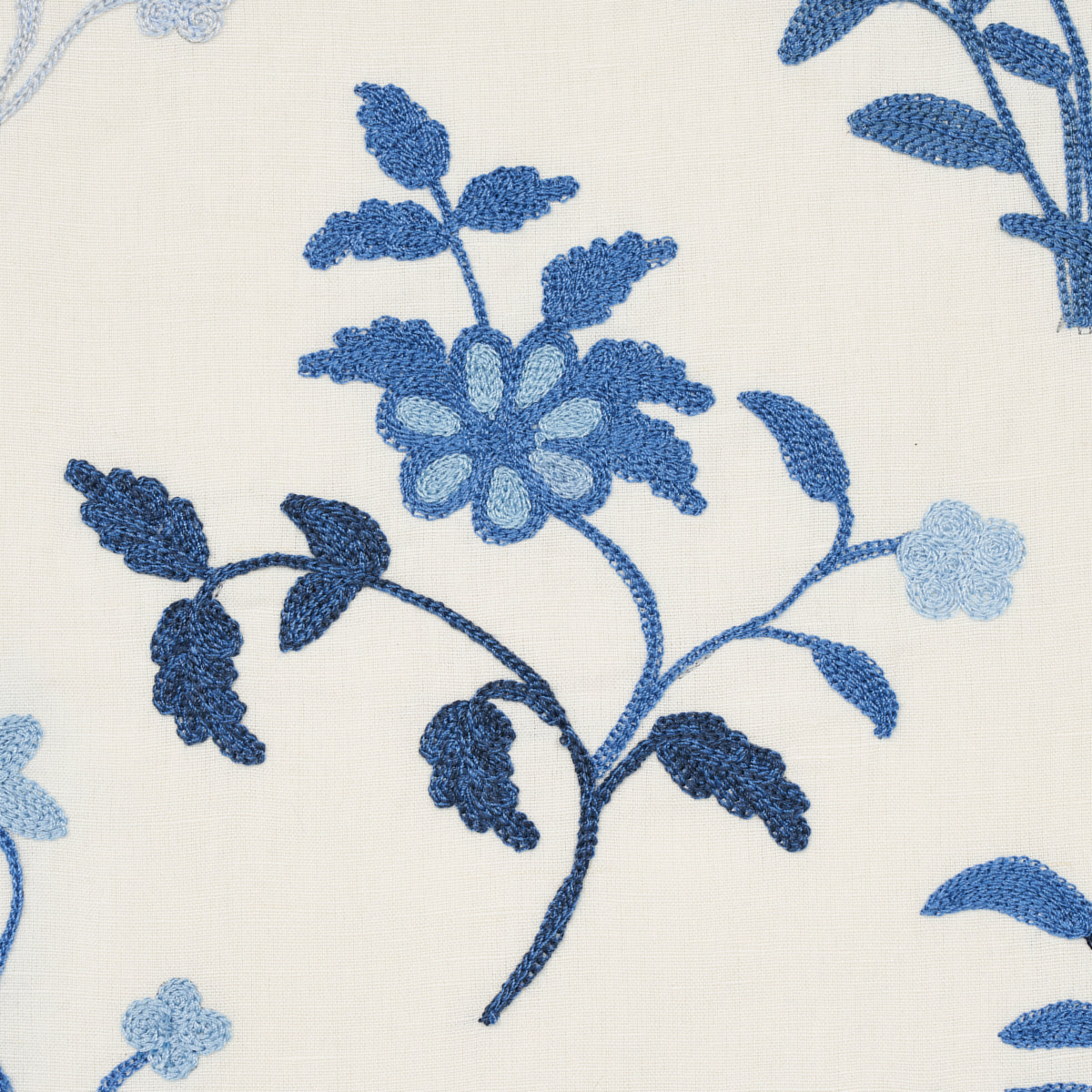 Schumacher Raleigh Crewel Embroidery Cornflower Fabric - Eade's Wallpaper