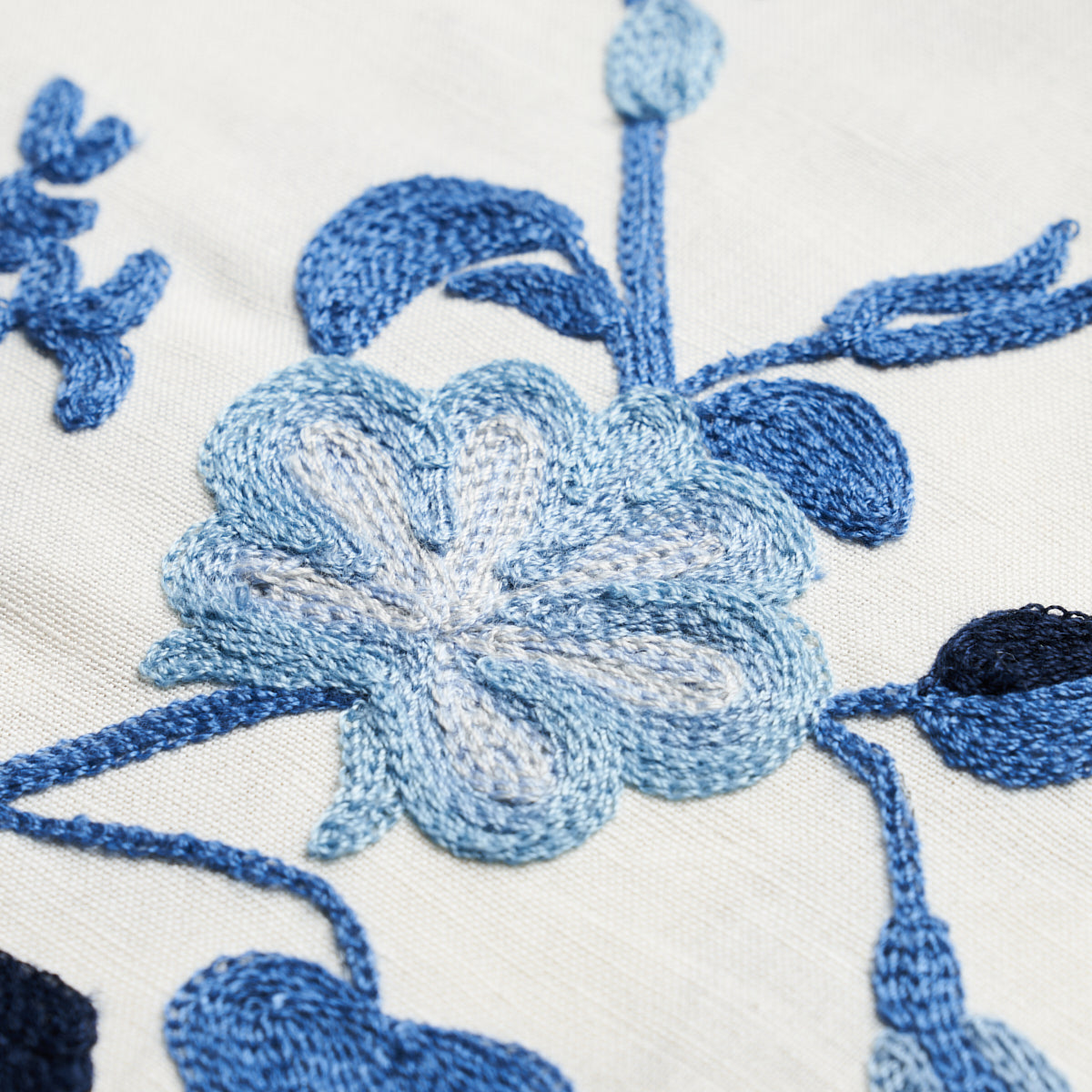 Schumacher Raleigh Crewel Embroidery Cornflower Fabric - Eade's Wallpaper