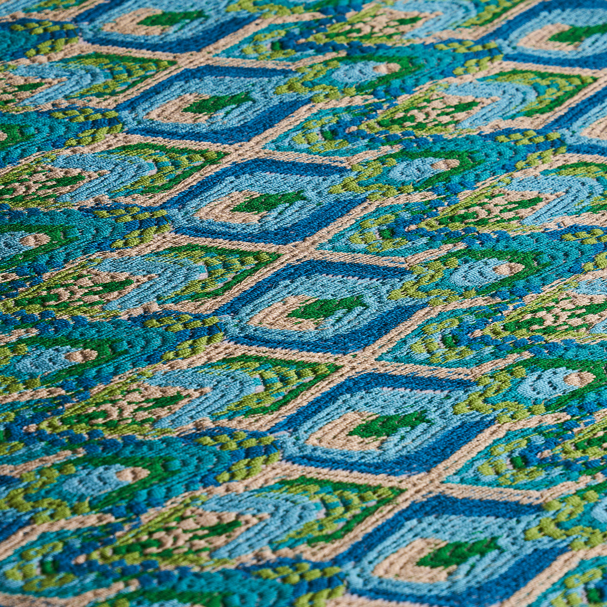 Schumacher Lorikeet Embroidery Peacock Fabric - Eade's Wallpaper
