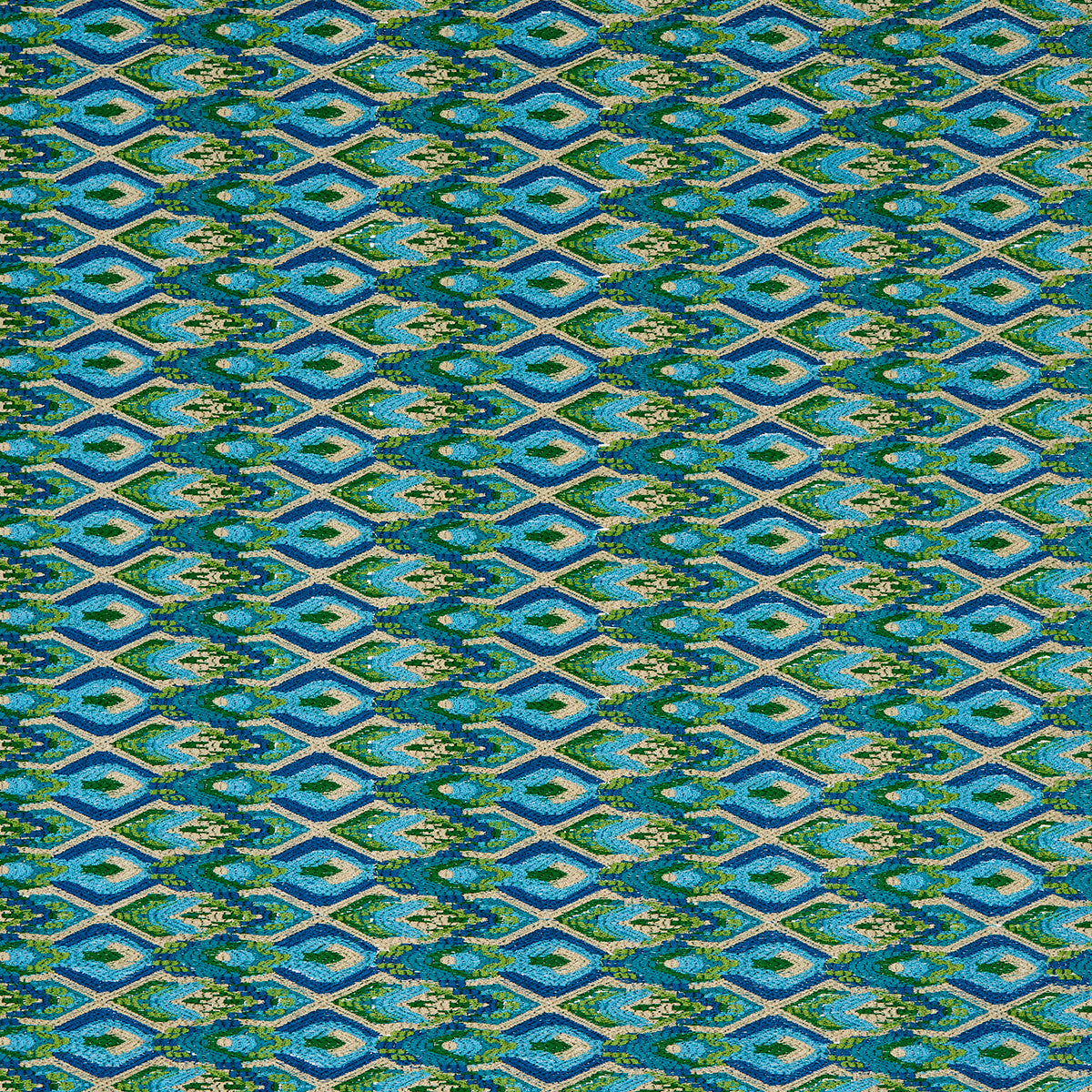 Schumacher Lorikeet Embroidery Peacock Fabric - Eade's Wallpaper
