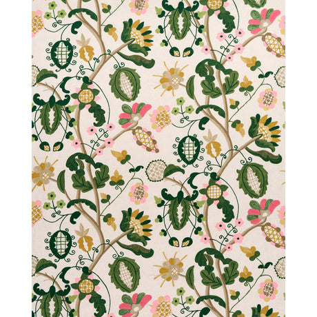 Schumacher Mandevilla Embroidery Pink & Green Fabric - Eade's Wallpaper