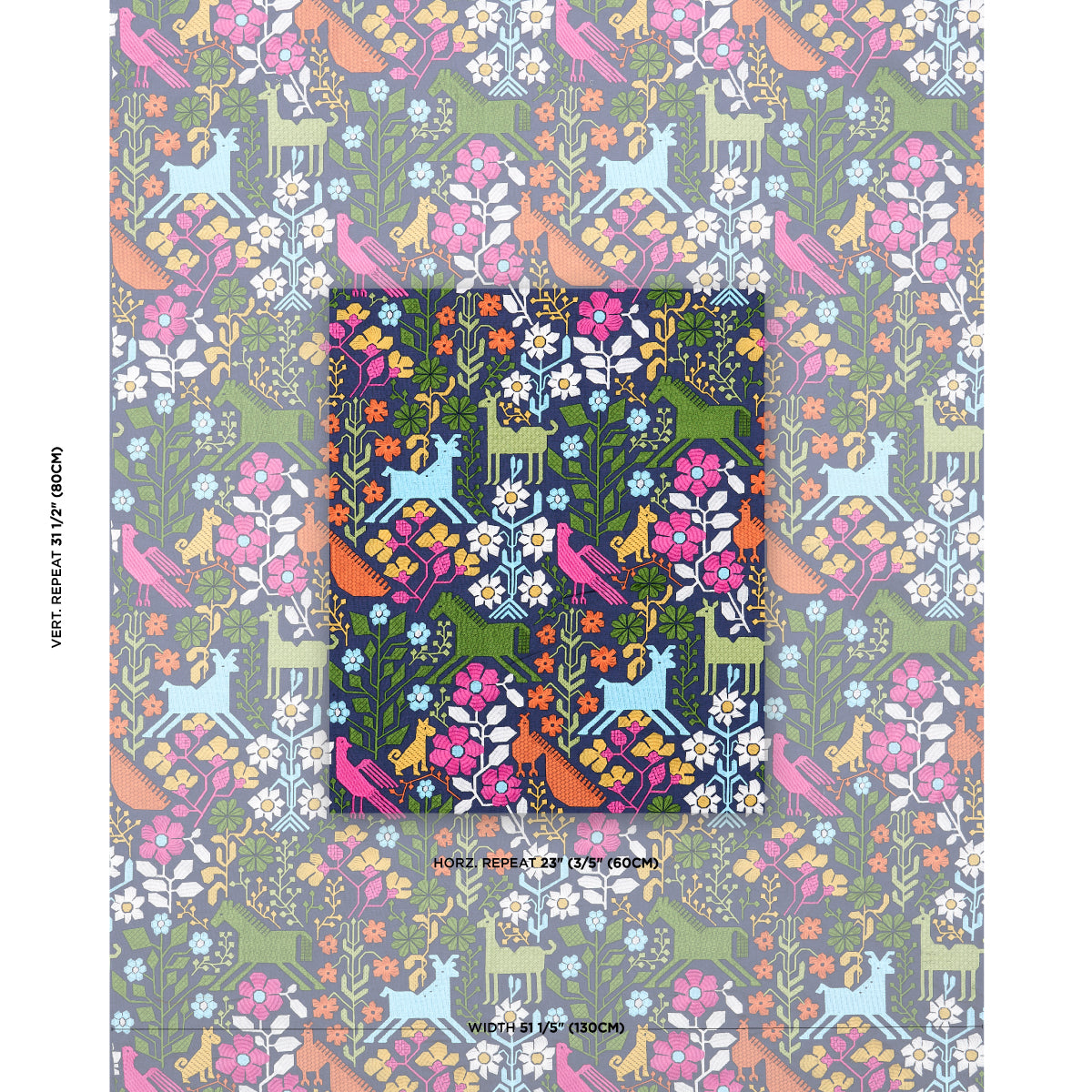 Schumacher Lupita Embroidery Multi On Navy Fabric - Eade's Wallpaper