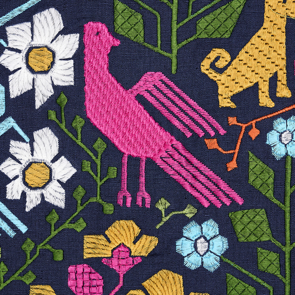 Schumacher Lupita Embroidery Multi On Navy Fabric - Eade's Wallpaper