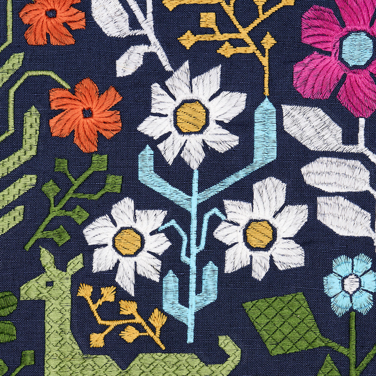 Schumacher Lupita Embroidery Multi On Navy Fabric - Eade's Wallpaper