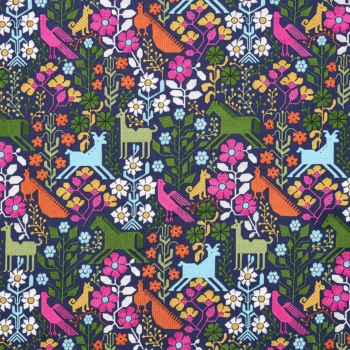 Schumacher Lupita Embroidery Multi On Navy Fabric - Eade's Wallpaper