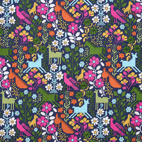 Schumacher Lupita Embroidery Multi On Navy Fabric - Eade's Wallpaper