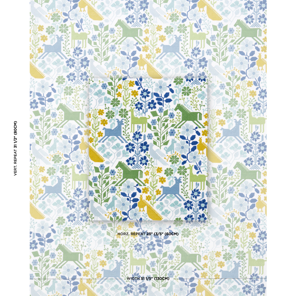 Schumacher Lupita Embroidery Green & Blue Fabric - Eade's Wallpaper