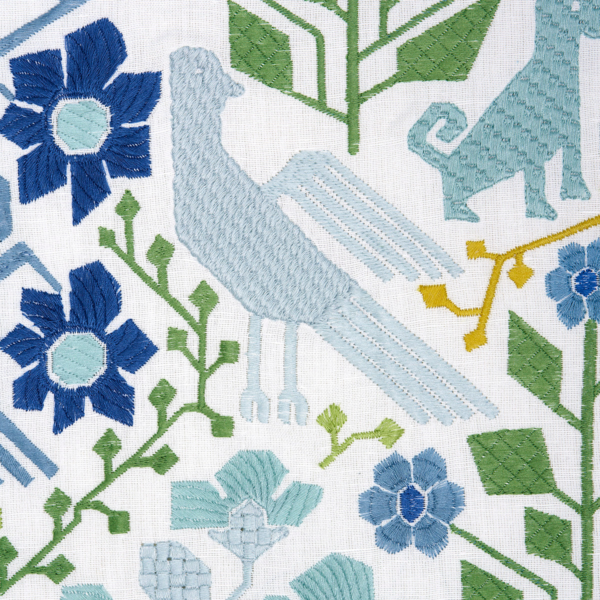 Schumacher Lupita Embroidery Green & Blue Fabric - Eade's Wallpaper