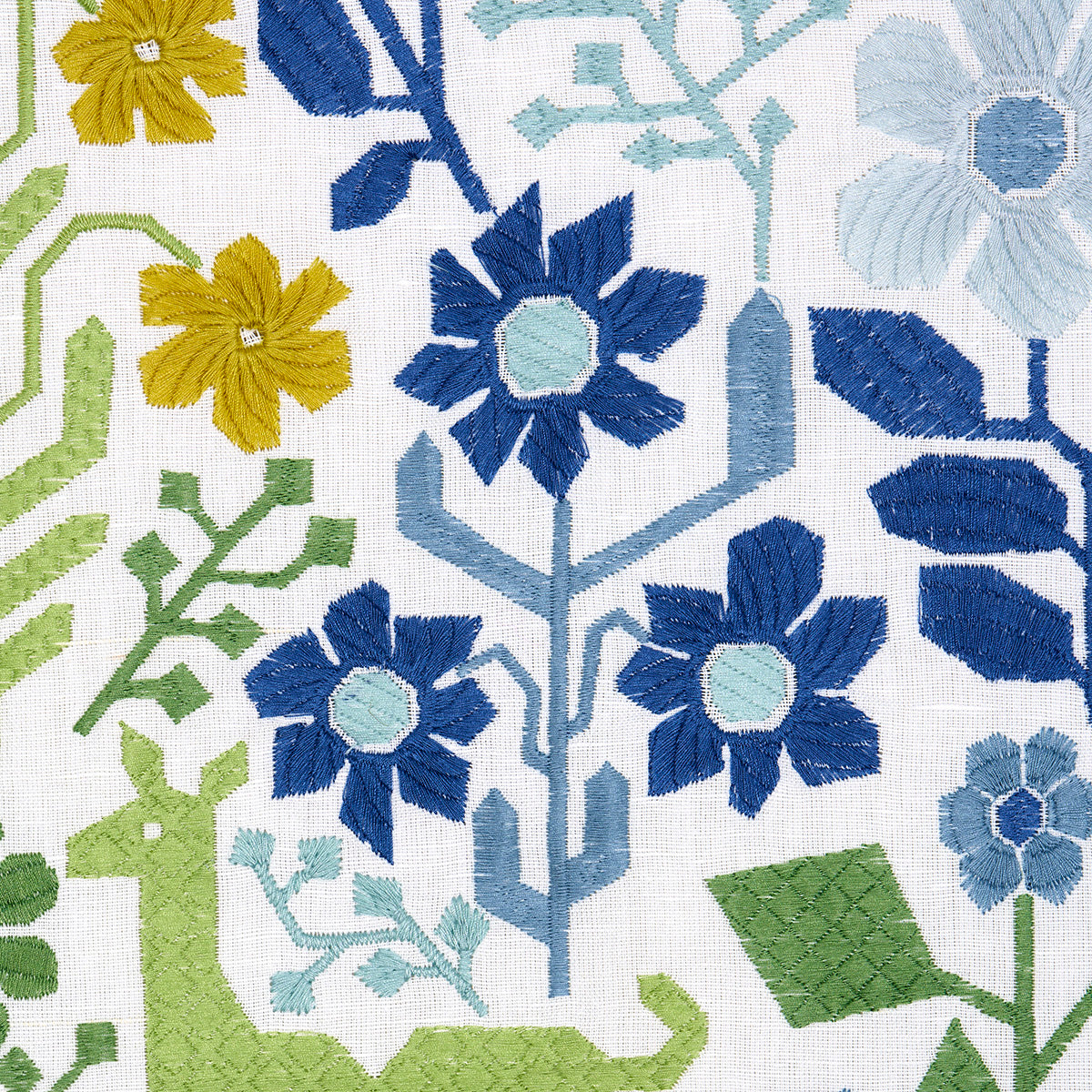 Schumacher Lupita Embroidery Green & Blue Fabric - Eade's Wallpaper