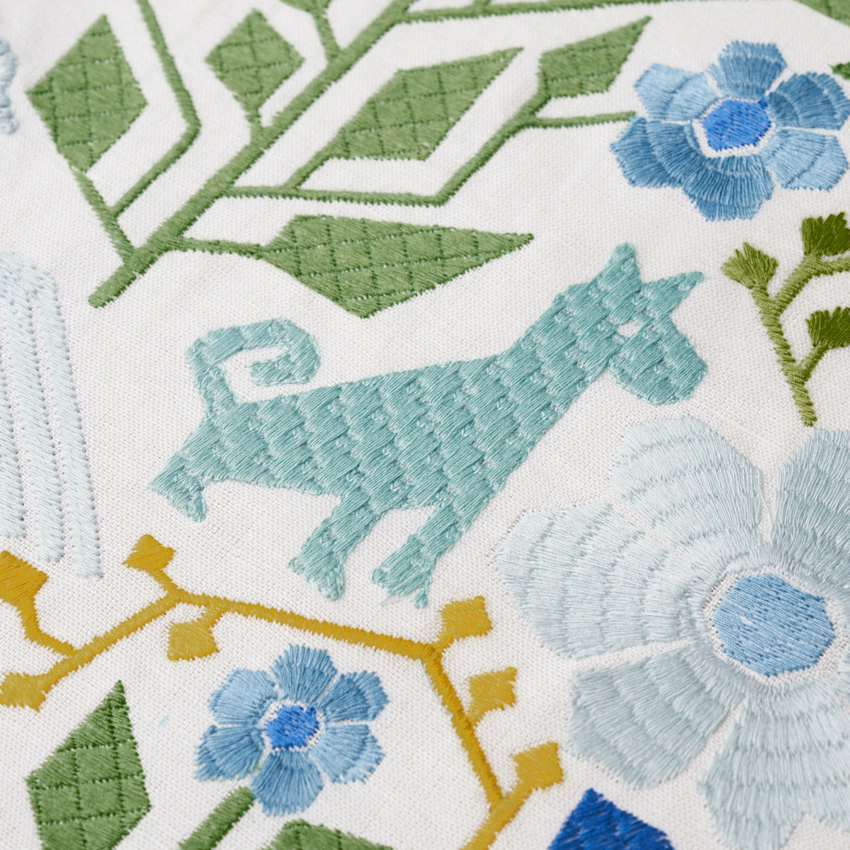 Schumacher Lupita Embroidery Green & Blue Fabric - Eade's Wallpaper