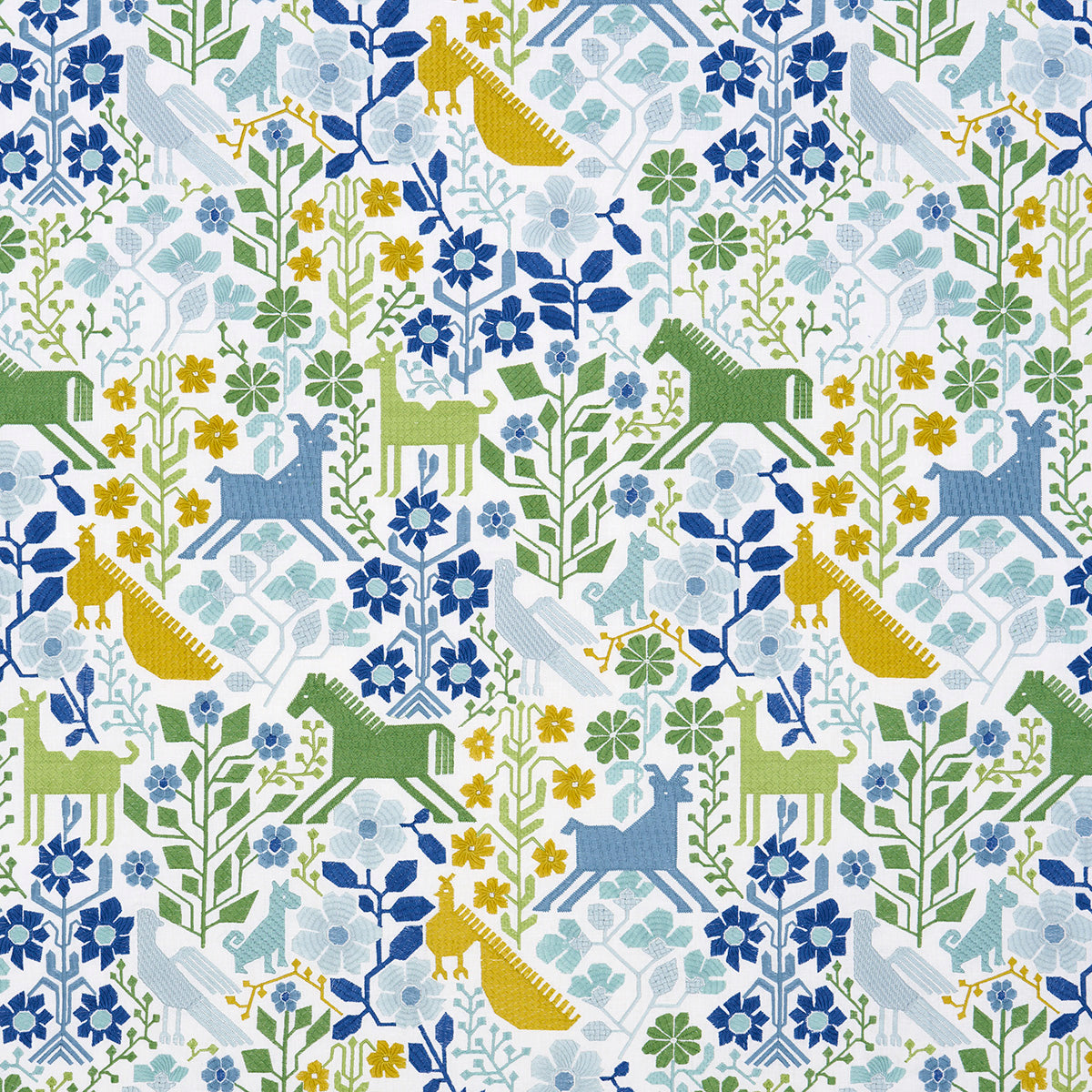 Schumacher Lupita Embroidery Green & Blue Fabric - Eade's Wallpaper