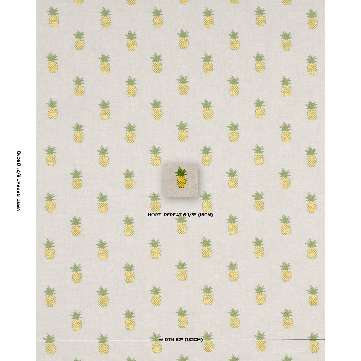 Schumacher Pineapple Embroidery Green On Natural Fabric - Eade's Wallpaper