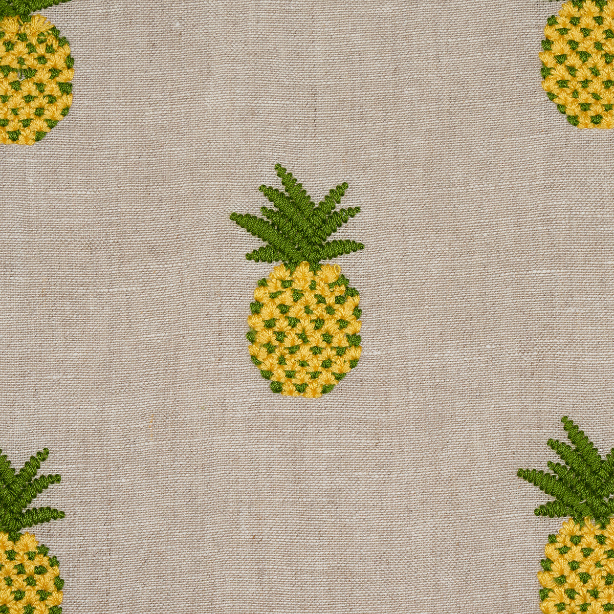 Schumacher Pineapple Embroidery Green On Natural Fabric - Eade's Wallpaper