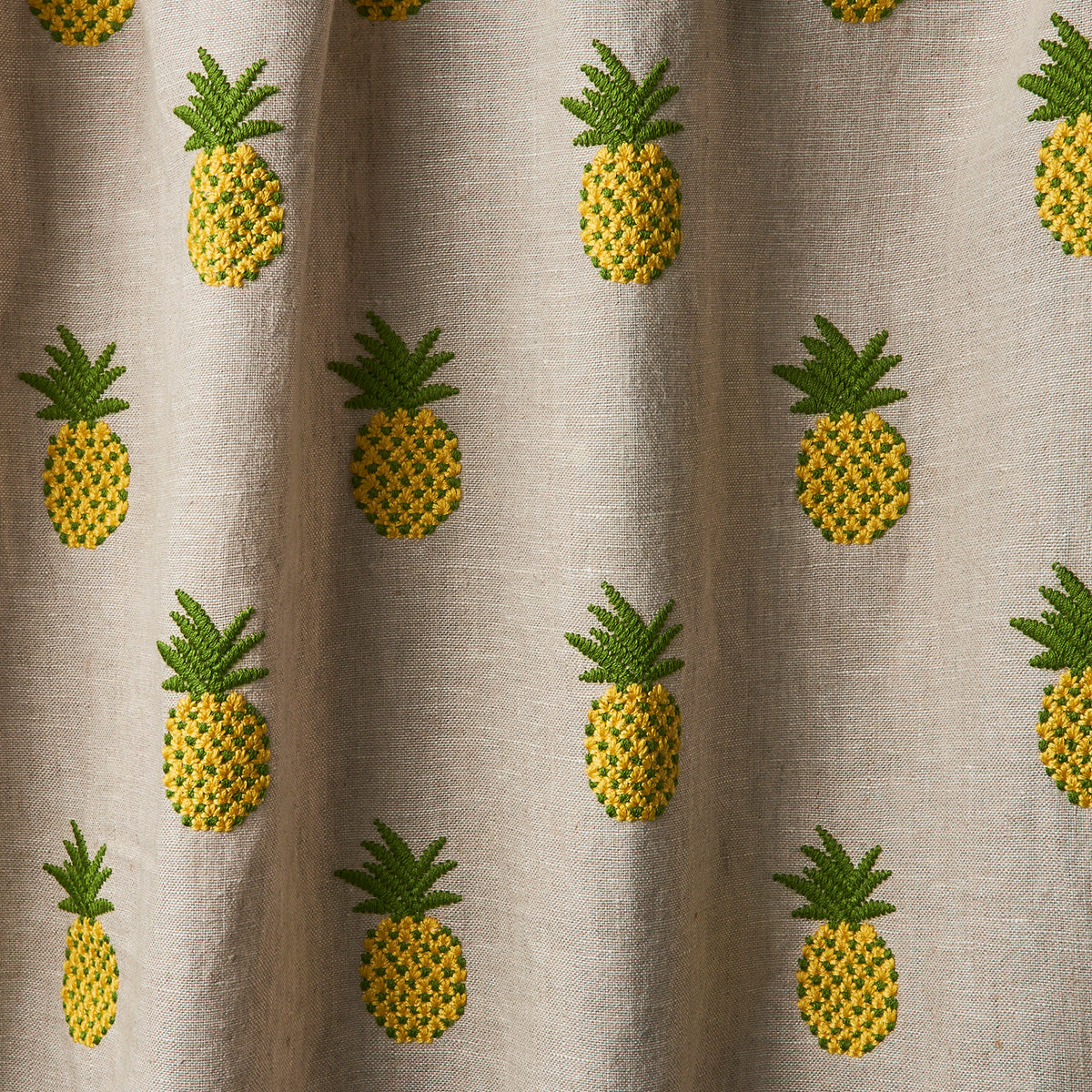 Schumacher Pineapple Embroidery Green On Natural Fabric - Eade's Wallpaper