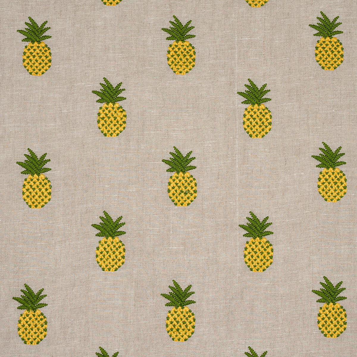 Schumacher Pineapple Embroidery Green On Natural Fabric - Eade's Wallpaper