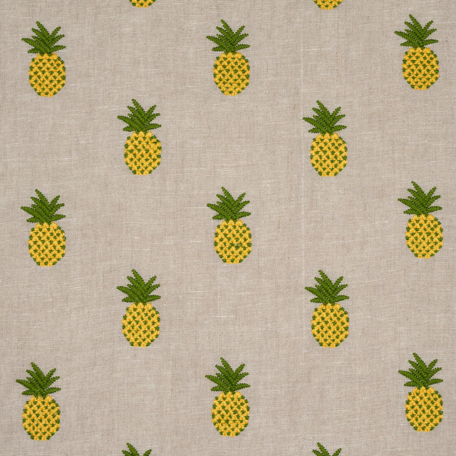 Schumacher Pineapple Embroidery Green On Natural Fabric - Eade's Wallpaper