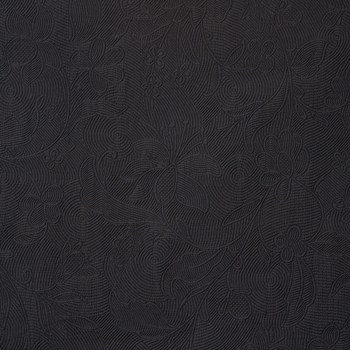 Schumacher Quilted Scroll Matelassé Pitch Black Fabric - Eade's Wallpaper