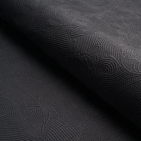 Schumacher Quilted Scroll Matelassé Pitch Black Fabric - Eade's Wallpaper
