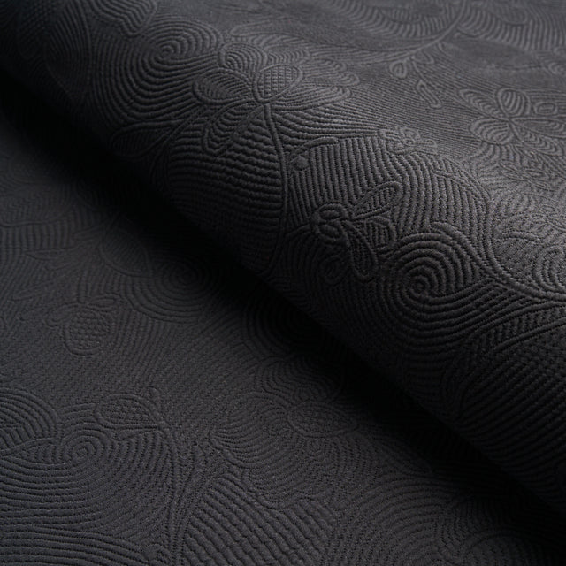 Schumacher Quilted Scroll Matelassé Pitch Black Fabric - Eade's Wallpaper