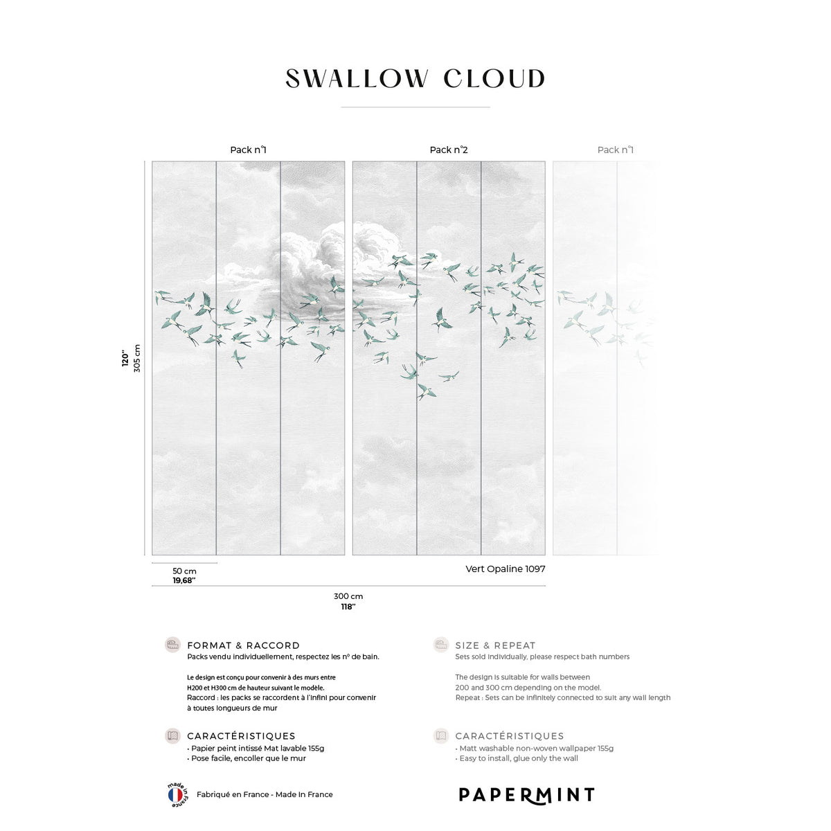 Papermint Swallow Clouds Pack 1 & 2 in Teal Wall Mural 8184-