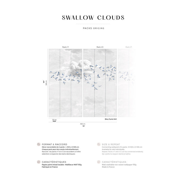 Papermint Swallow Clouds Pack 1 & 2 in Blue Wall Mural 8184-
