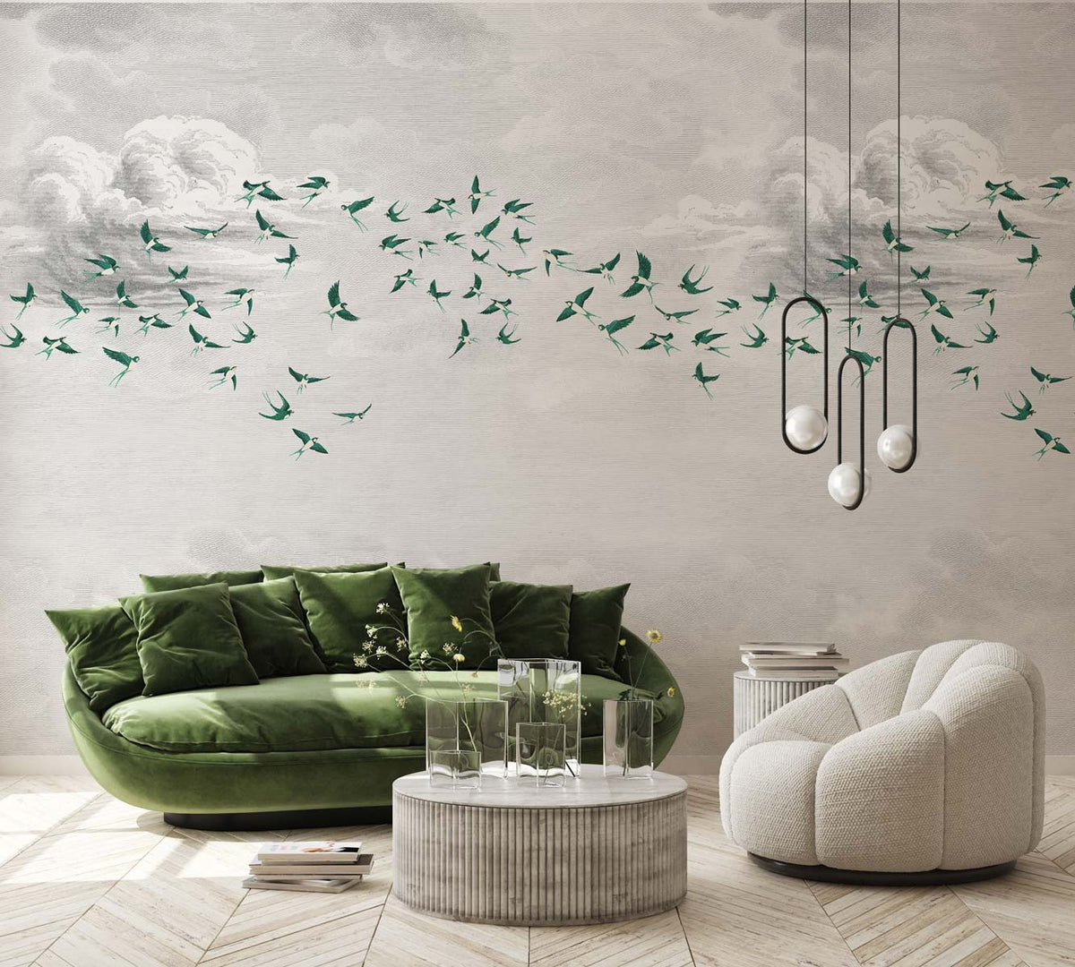 Papermint Swallow Clouds Pack 1 & 2 in Green Wall Mural 8184