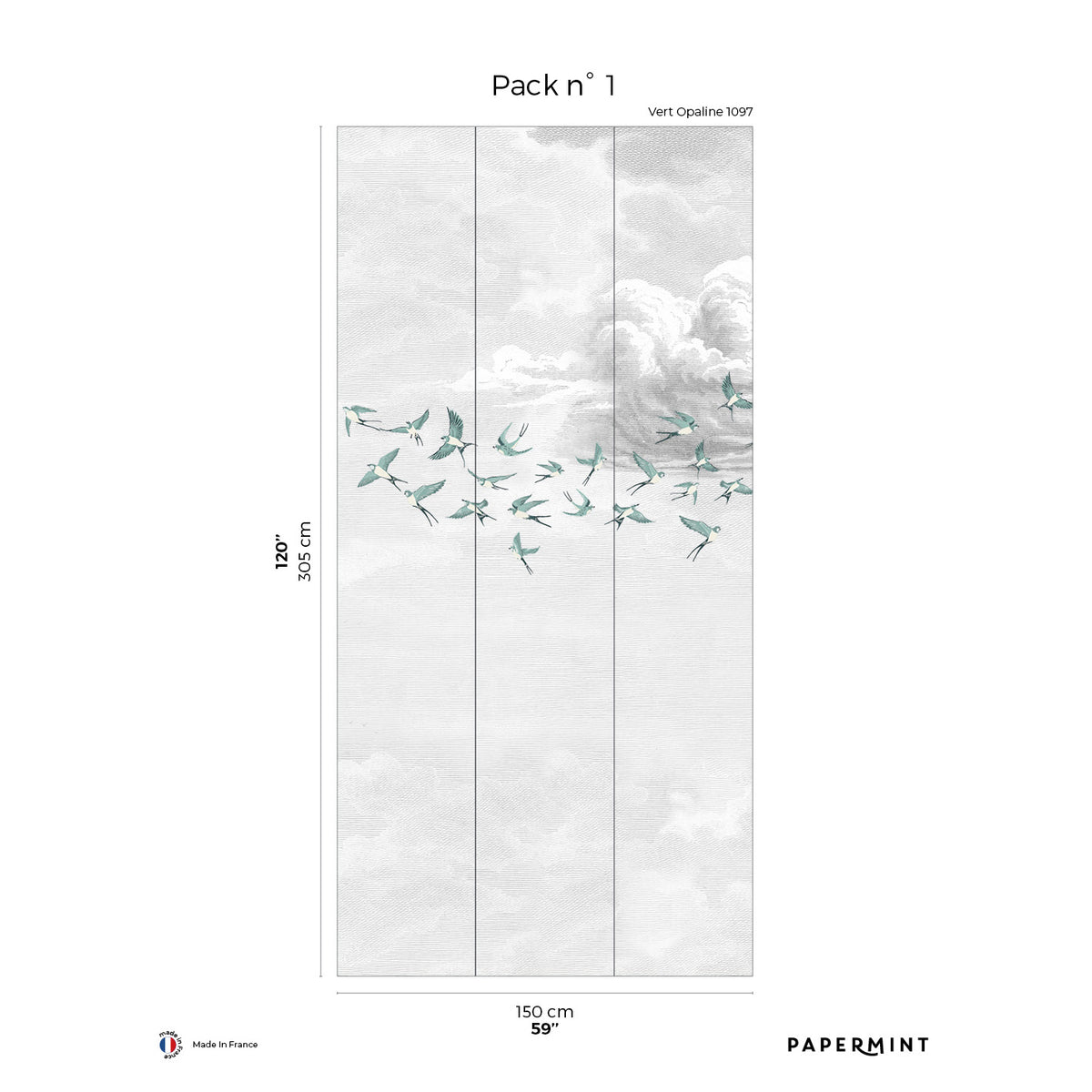 Papermint Swallow Clouds Pack 1 in Teal Wall Mural 8184-CZ1-