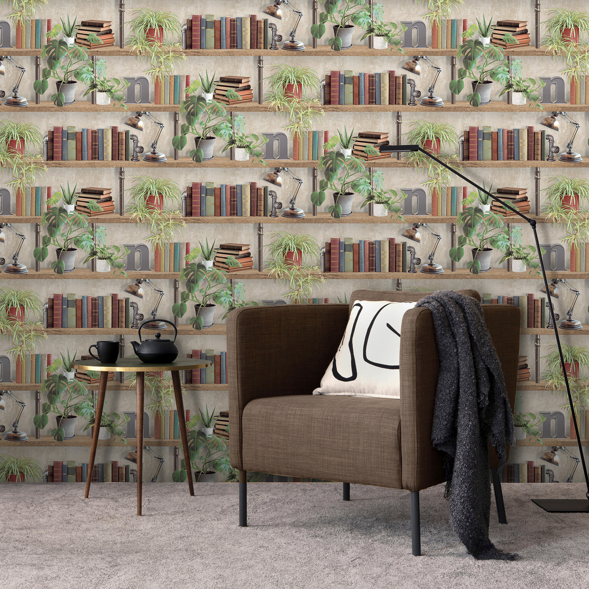 Veer Decor Industrial Book Nook Brown Wallpaper 8196-AK1
