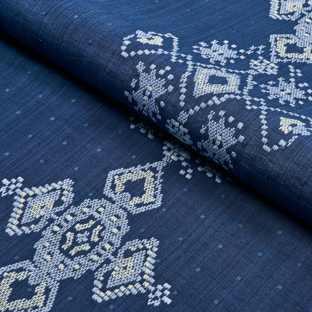 Schumacher Nadira Embroidery Indigo Fabric - Eade's Wallpaper