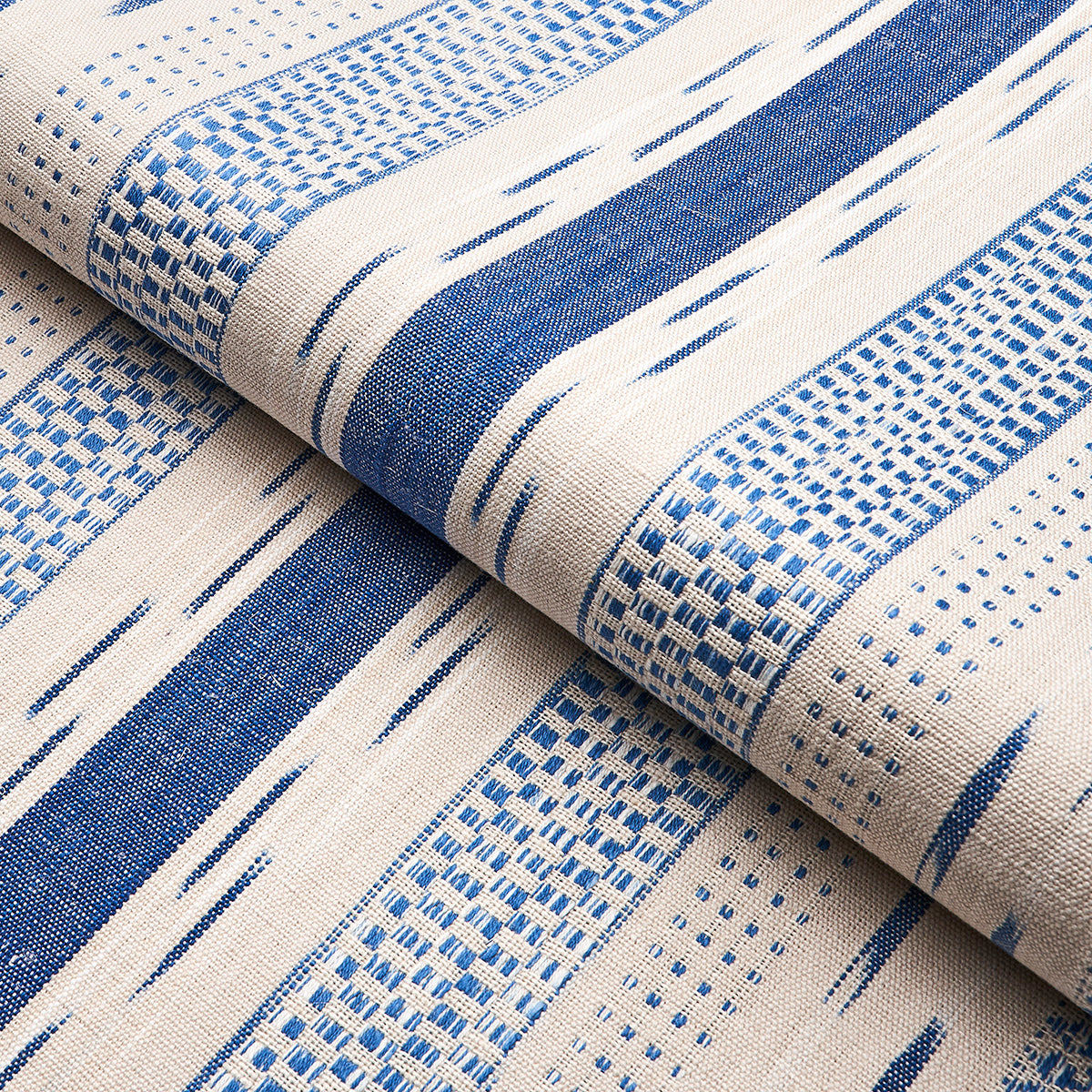 Schumacher Mirza Ikat Stripe Blue On Natural Fabric - Eade's Wallpaper