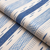 Schumacher Mirza Ikat Stripe Blue On Natural Fabric - Eade's Wallpaper