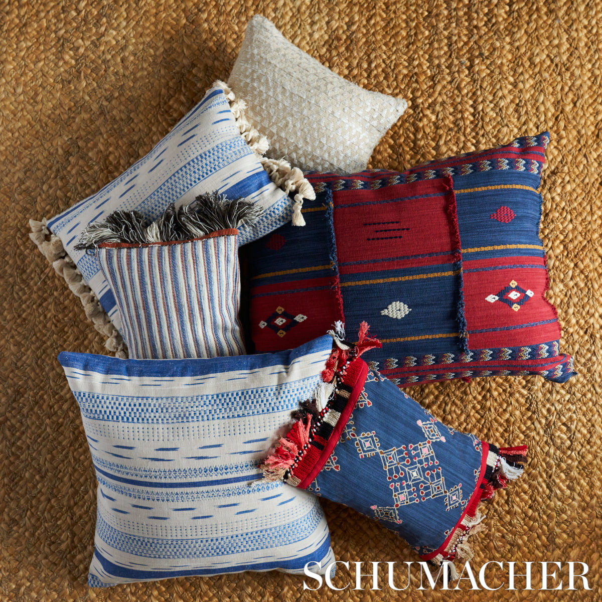 Schumacher Mirza Ikat Stripe Blue On Natural Fabric - Eade's Wallpaper