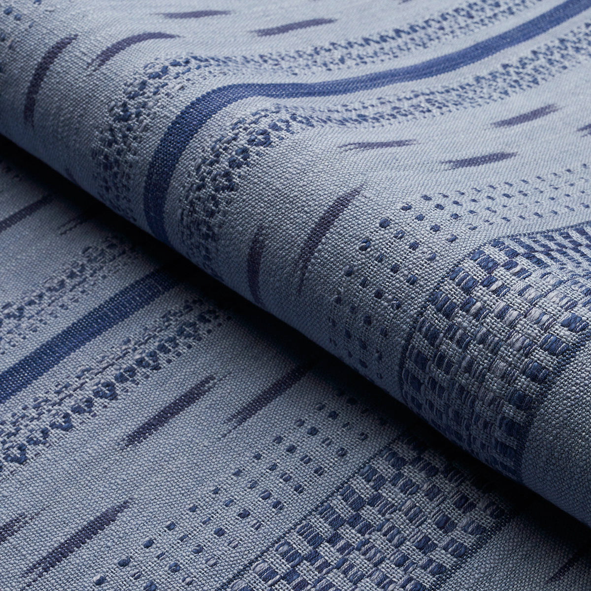 Schumacher Mirza Ikat Stripe Indigo On Chambray Fabric - Eade's Wallpaper