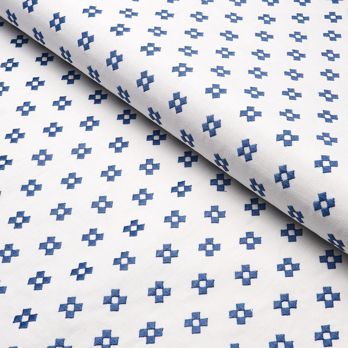 Schumacher Thandie Embroidery Blue On Ivory Fabric - Eade's Wallpaper