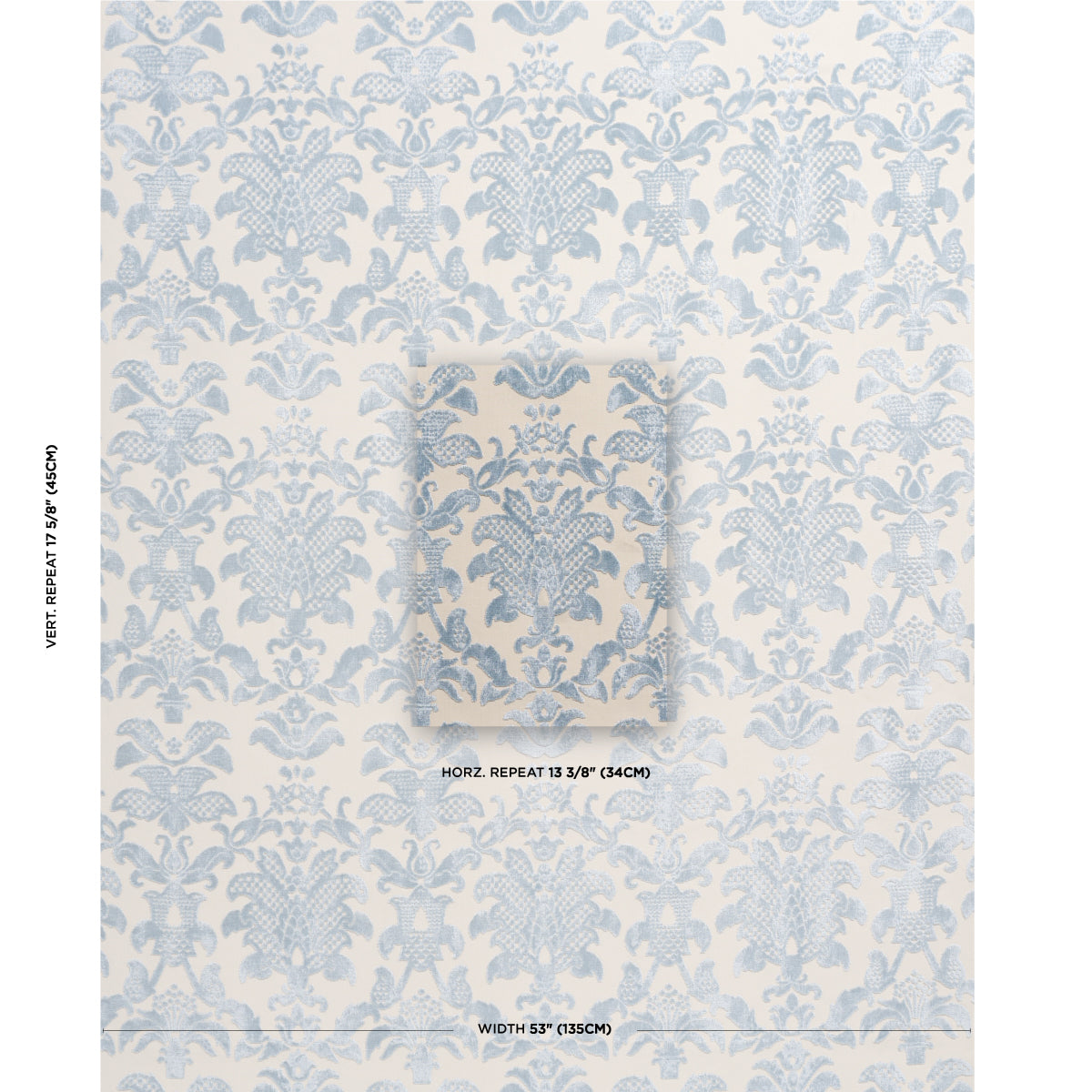 Schumacher Limbourg Damask Velvet Sky Fabric - Eade's Wallpaper