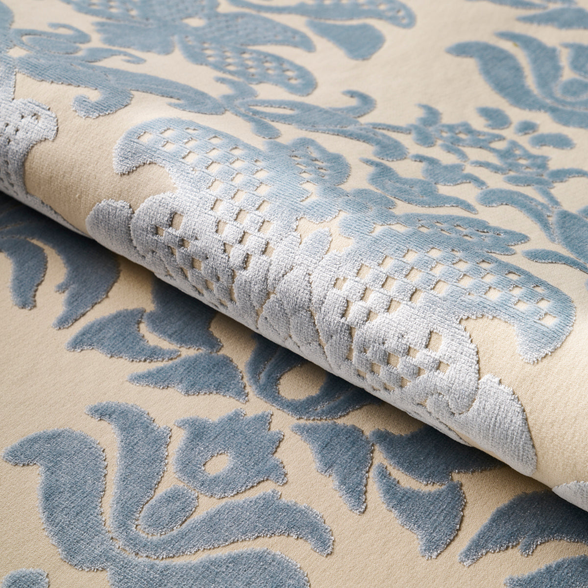 Schumacher Limbourg Damask Velvet Sky Fabric - Eade's Wallpaper