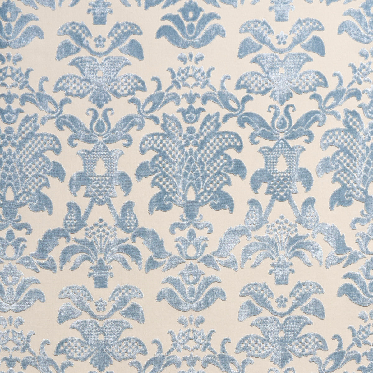 Schumacher Limbourg Damask Velvet Sky Fabric - Eade's Wallpaper