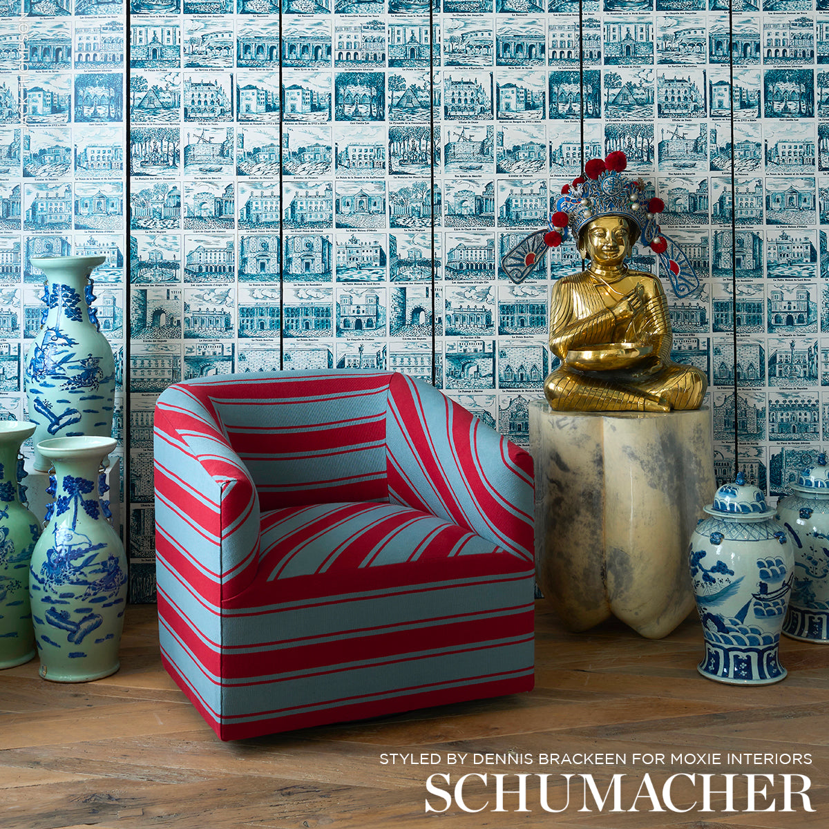 Schumacher Tangier Stripe Teal & Red Fabric - Eade's Wallpaper